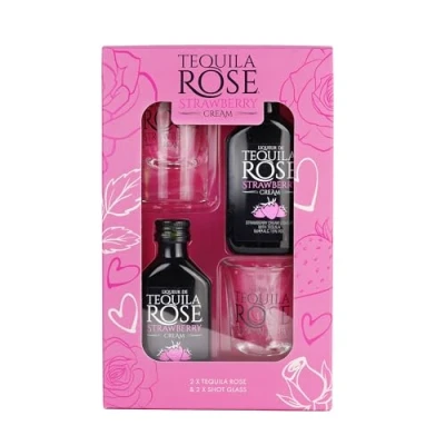 Image of Tequila Rose Gift set Strawberry Cream Liqueur 2 x 5cl Miniature with Shots Glasses. to enjoy and drink in style.
