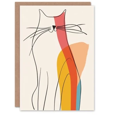Image of Artery8 Birthday Card Cat Modern Line Drawing Silhouette Colourful Animal For Him Her Man Woman Girl Boy Wife Husband Greeting