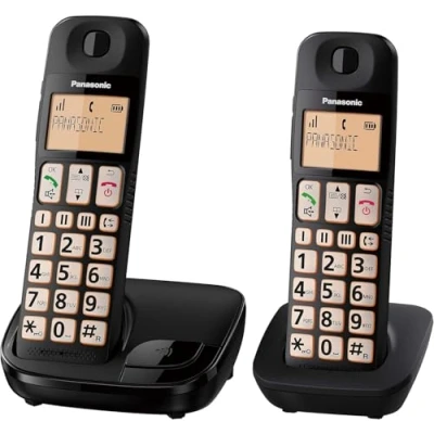 Image of Panasonic KX TGE112E Big Button Twin DECT Cordless Telephone with Nuisance Call Blocker &amp; LCD Display (Twin Handset Pack) Black