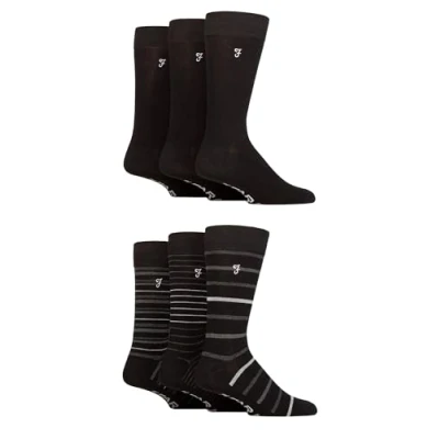 Image of Farah Mens Patterned Bamboo Socks Plain, Argyle for Everyday Wear, Suit Socks, Soft Breathable Cooling, 6 Pair Multipack Size 11 Black Grey Stripe