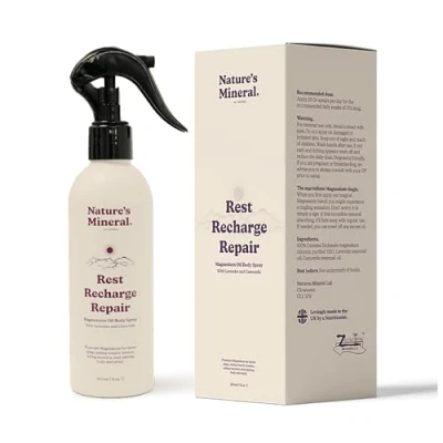 Image of Rest Recharge Repair Magnesium Spray Supplements, Muscle Recovery &amp; Stress Relief Supplement Soothing Lavender Chamomile Blend in Oil Bottle Large 200ml 1,200 Sprays