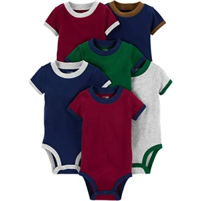 Image of Simple Joys by Carter&#039;s Baby Boys&#039; Short Sleeve Bodysuit, Pack of 6, Burgundy/Green/Navy, Premature