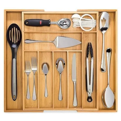 Image of KasaBona Bamboo Cutlery Tray, 9 Compartment Utensil Holder for Kitchen Drawer, Large Extendable Organiser Knife, Forks and