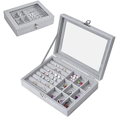 Image of Jewellery Box Organiser 9 Grids Jewelry Storage Case, Velvet Lockable Organiser, Removal Tray, Ring Slot, Display Tray for Rings Earrings Necklace Grey