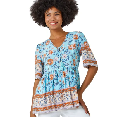 Image of Roman Originals Summer Top for Women UK Ladies Swing Tunic A Line Blouse Ladder Trim Shirt Spring Casual Smart Holiday Party Beach Cruise Gathered Waist Loose Work Blue Orange Size 10