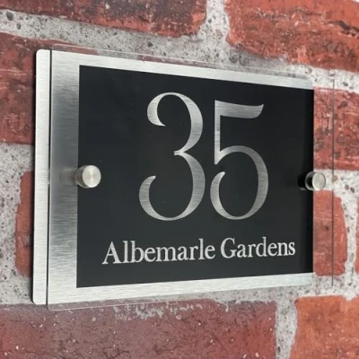 Image of House Numbers Plaques Door Number For Wall Personalised Signs Name Outside Modern Front (Black Background &amp; Clear Text)