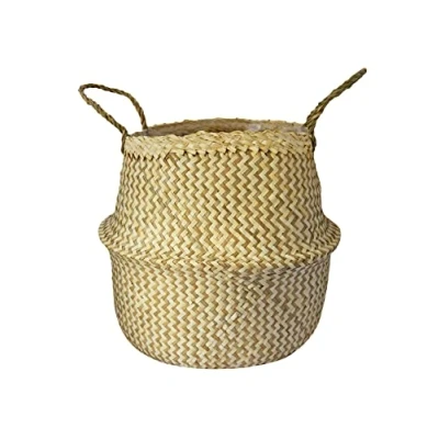 Image of Ivyline Seagrass Chevron Small White Lined Basket Planter Hand Finished, Stylish &amp; Waterproof Decorative Woven Indoor Flower Pot H25cm x D30cm