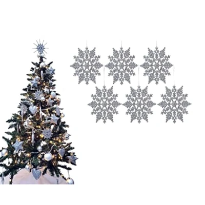 Image of Simply Products Pack of 6 10cm Glitter Hanging Decoration, Snowflakes Christmas Tree Decorations (Silver)