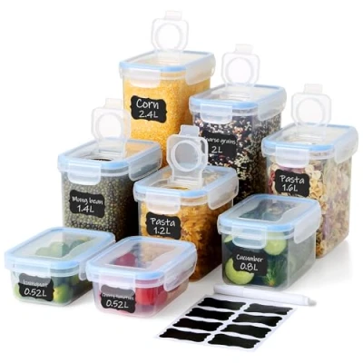 Image of 8 Piece Pantry Storage Set with Dual Lid System (5 Perforated + 3 Solid Lids) Airtight BPA Free Food Containers Stackable Kitchen Organiser for Cereal, Pasta, Snacks, Spices 2.4L to 0.52L