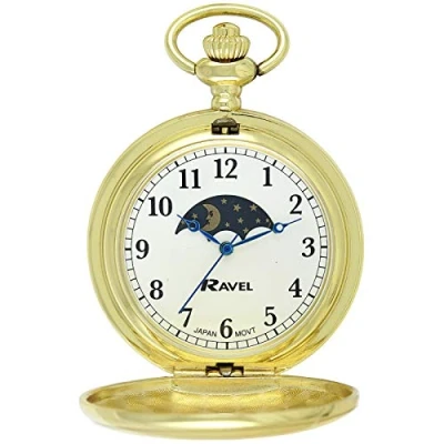Image of Ravel Full Hunter Moon Phase Pocket Watch Gold Tone