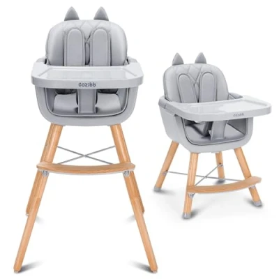 Image of CoziBB 4 in 1 Highchair with Cat Ear, Removable 3 Position Tray, 5 Point Safety Belt Convertible Multifunctional High Chair Legs, Wooden Feeding for Baby Infant Toddler (6 M Y)