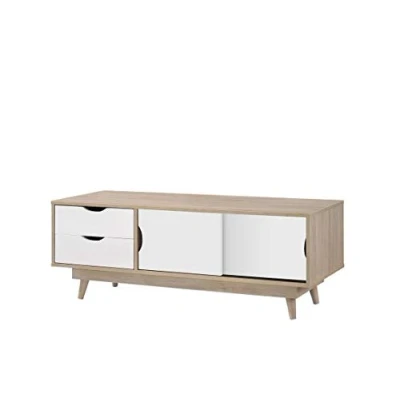 Image of Timber Art Design UK Alford TV Media Cabinet Unit with Sliding Doors and 2 Drawers Devices Storage Modern Furniture for Livingroom in Sonoma Oak Wood Effect &amp; White, W120cm x H45cm D45cm