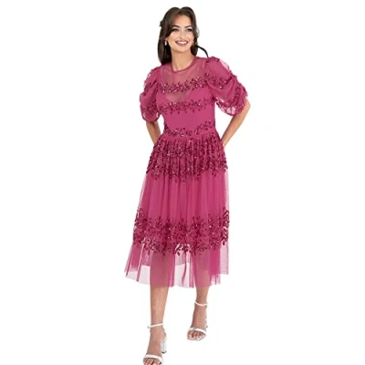 Image of Maya Deluxe Womens Midi Dress Ladies Sequin Embellished Short Sleeve for Wedding Guest Bridesmaid Prom Ball Evening Occasion Fuchsia Size 12 UK