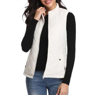 Image of fuinloth Women&#039;s Quilted Gilet, Lightweight Body Warmer Zip Padded Stand Collar Vest White X Small