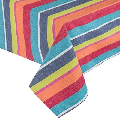 Image of HOMESCAPES Multi Stripe Cotton Tablecloth 4 to 6 Seater Rectangular 137 x 178 cm (54 70 Inches) Orange, Green, Blue, Yellow Stripes 100% Cotton, Washable at 40 Deg C