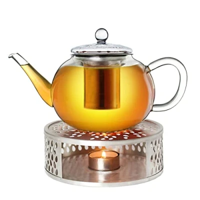 Image of Creano Glass Teapot 1200ml with Warmer Stovetop Safe Tea Kettle Stainless Steel Infuser and Lid, Ideal for Preparing Loose Teas Drip Free