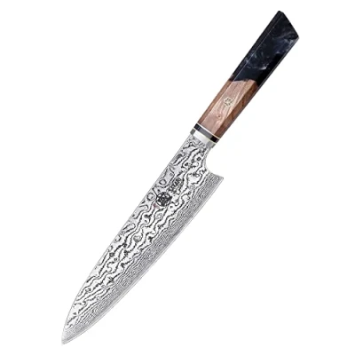 Image of MITSUMOTO SAKARI Professional Japanese Chef Knife, 8 inch Hand Forged Kitchen Gyuto AUS 10 Premium Damascus Cooking Knife (Shadowwood Pomegranate Handle &amp; Sandalwood Box)