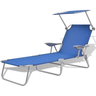 Image of vidaXL Sun Lounger with Canopy and Adjustable Backrest Foldable Steel Sunbed for Beach Poolside Powder Coated, Weatherproof, Sturdy &amp; Comfortable Dark Blue