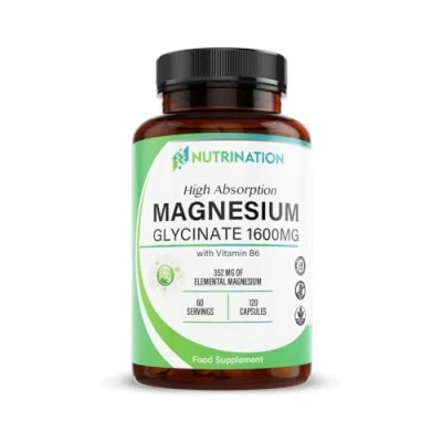 Image of Magnesium Glycinate Supplement 1600mg with Vitamin B6, 352mg of Elemental Magnesium, 94% Daily NRV, 120 High Strength Capsules 2 Months Supply, Supports Muscle &amp; Nerve Health, Vegan, Lab Tested