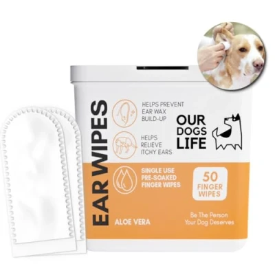 Image of Dog Ear Wipes Soft, Quick &amp; Easy For Dogs Remove Wax, Dirt Stop Smelly, Itchy Ears 50 Soothing Aloe Vera Cleaning Finger Wipes!