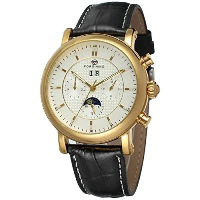 Image of FORSINING Men&#039;s Business Automatic Calendar Moon Phase Dail Brand Leather Strap Wrist Watch