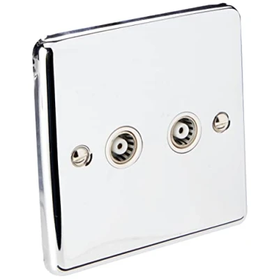 Image of AET CPC2GTVWH Polished Chrome Classical TV White Insert 2 Gang Coaxial Female Socket, 240 V