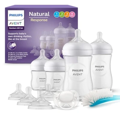 Image of Philips Avent Baby Bottle Newborn Gift Set 4 Milk Bottles, 2 Extra Nipples, Ultra Soft Pacifier and Brush, Babies Aged 0 12 Months+ (Model SCD838/13)