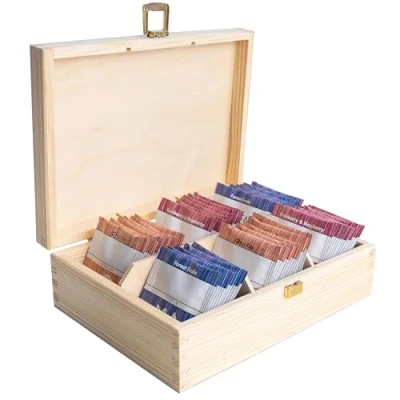 Image of Creative Deco Unpainted Wooden Tea Box Storage with Lid 6 Compartments 21x16x7cm Natural Wood Luxury Compartment Organiser Keepsake Caddy Chest for Chocolate &amp; Coffee Gift Christmas Xmas