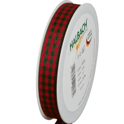 Image of Halbach Seidenbänder Premium Vichy Checked Gift Ribbon (Red/Dark Green) Width 15 mm Length 25 m Made in Germany Many Colours