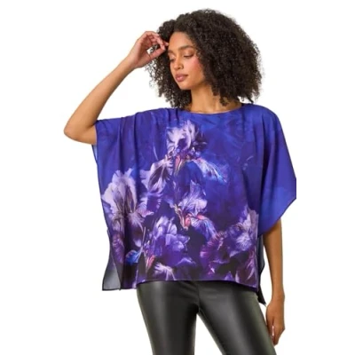 Image of Roman Originals Overlay Top for Women UK Ladies Summer Blouse Spring Everyday Holiday Autumn Work Winter Round Neckline Comfy Pull On Soft Vacation 3/4 Length Sleeves Purple Size 18