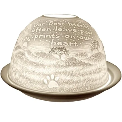 Image of Cello Porcelain Tealight Holder Dome, Pawprint Design, A Sentimental Candle Projecting 3D Loving Message. Use With Scented or Unscented Tealights Dog Memorial Gifts, Loss Of Gift.