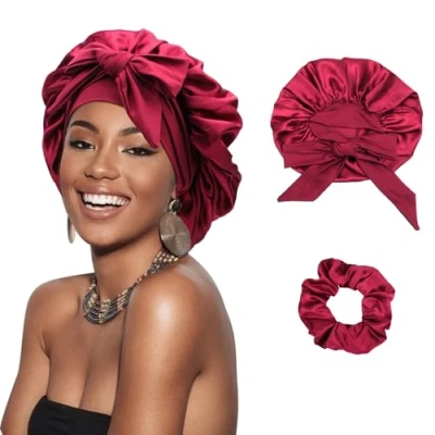 Image of DRESHOW Satin Braid Bonnet for Women Silk Sleeping Sleep Cap with Elastic Tie Band Night Long Curly Hair Locs