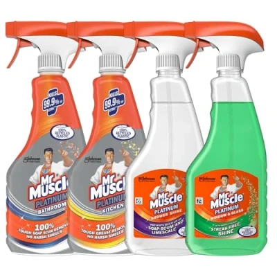 Image of Mr Muscle Platinum Multi Purpose Cleaning Trigger Set, 4 x 500ml Bathroom, Kitchen, Shower, and Glass Sprays, 99.9% Effective
