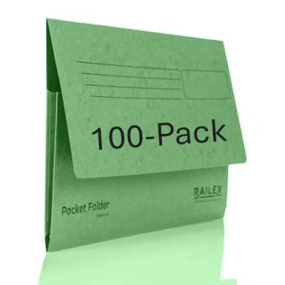 Image of Railex Pocket Folder Foolscap Document Wallets Emerald Folders for Paperwork A4 and A4+, Recycled Board File Wallet, Premium Filing Office Home Pack of 100