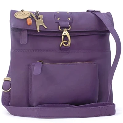 Image of Catwalk Collection Handbags Women&#039;s Leather Anti Theft Cross Body Bag Small Messenger Adjustable Shoulder Strap DISPATCH Purple
