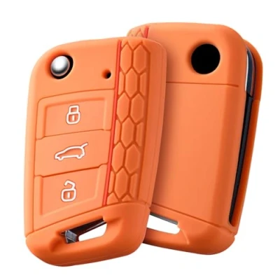 Image of OATSBASF Car Key Case for VW, Compatible with VW Golf 7 MK7，Silicone Case, Box Cover Polo, Skoda, Tiguan, 3 Buttons (G Orange)