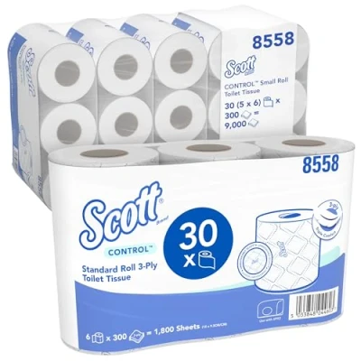 Image of Scott Control Small Roll Toilet Tissue 8558 3 Ply Rolls 5 Packs of 6 x 300 Recycled Paper Sheets (30 / 9,000 White Total)
