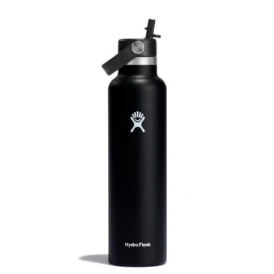 Image of HYDRO FLASK Water Bottle 709 ml (24 oz) with Flex Straw Cap Vacuum Insulated Stainless Steel Reusable Leakproof Lid Hot and Cold Drinks Standard Mouth BPA Free Black