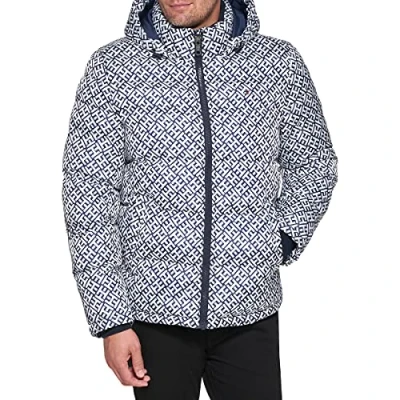Image of Tommy Hilfiger Men&#039;s Classic Hooded Jacket Down Alternative Coat, Logo Print, L