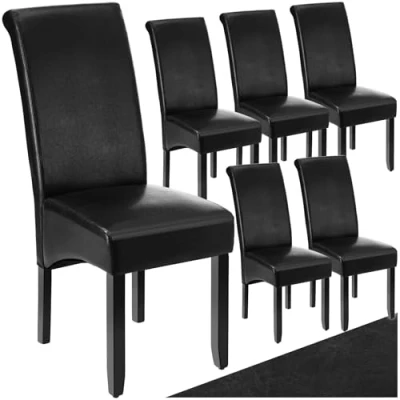Image of TecTake® Set of 6 Dining Chairs with Faux Leather Covers &amp; Solid Hardwood Legs, Chair Ergonomic Design, Padding High Backrests, Ideal as Kitchen Black