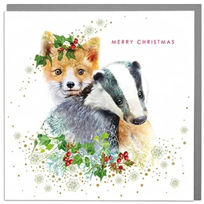 Image of Lola Design Wildlife Wonderful Christmas Cards Blank and Envelopes Badger &amp; Fox