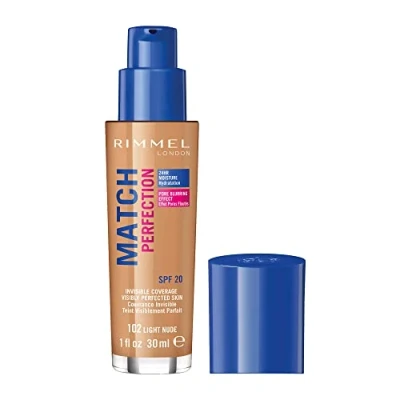Image of Rimmel Match Perfection Foundation 102 Light Nude, Medium Coverage, 24hr Hydration, No Caking or Creasing, Lightweight, Reduces Imperfections, Invisible SPF20, Cruelty Free