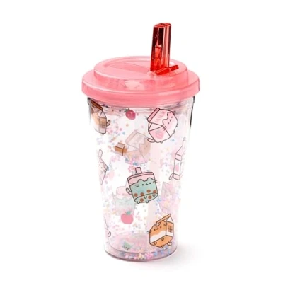 Image of Puckator Shatterproof Pusheen Sips Double Walled Cup &amp; Straw Insulated Tumbler Cups with Lids and Straws for Adults Children Travel Thermal Water Bottles Staw