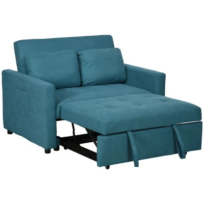 Image of HOMCOM 2 Seater Sofa Bed, Convertible Bed Settee, Modern Fabric Loveseat Couch with Cushions, Side Pockets for Living Room, Guest Blue