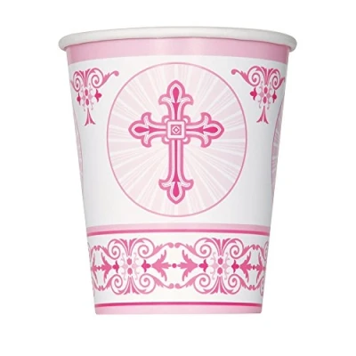 Image of Unique Party 43786 Radiant Cross Pink Religious Paper Cups, Pack of 8,9 oz
