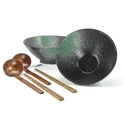 Image of 2 Set Tableware Ramen Bowl Ceramic Porcelain Noodles Bowls Dinner Sets for Pasta Soup Pho Mixing Salad Dishes Snack Cereal Food with Spoons Chopsticks Kit 1000 Ml New Home House Warming Gifts