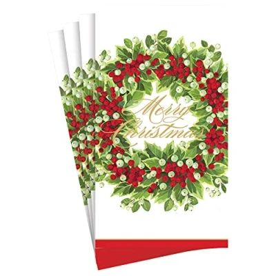 Image of Holly and Berry Wreath Merry Christmas Paper Guest Towel Napkins 15 Per Package