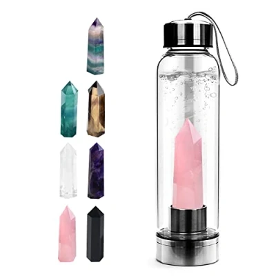 Image of Tyuodna Crystal Water Bottle, Removable Natural Quartz Glass Healing Portable Proof Leak Gemstone Bottle 550ml (Rose Quartz+Bottle)