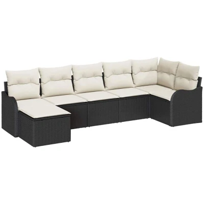 Image of vidaXL 7 Piece Garden Sofa Set with Cushions Black Poly Rattan