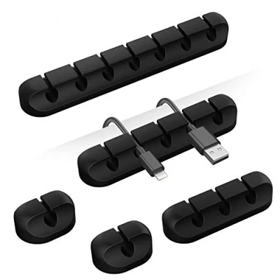 Image of cable holder clips, 5 pieces management organiser, adhesive hooks for desk, power cord, USB charging cable, chargers, audio cables, office and home users (black, 1 3 7 slots)